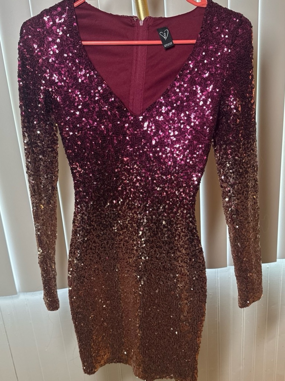 Sequin Ombre V-Neck Bodycon Dress - Burgundy to Bronze